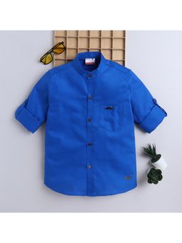 BAATCHEET - Boys Oxford Cotton Full Sleeves Solid Shirt with Moustache Brooch - Blue