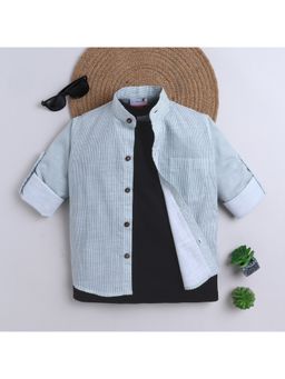 BAATCHEET - Boys Sea Green Cotton Full Sleeves Striped Shirt with T-shirt