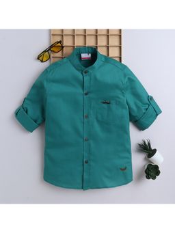 BAATCHEET - Boys Oxford Cotton Full Sleeves Solid Shirt with Moustache Brooch - Green