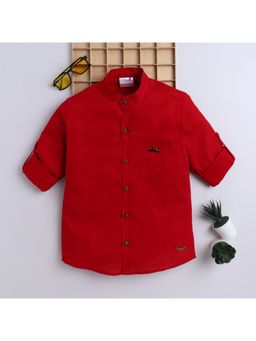 BAATCHEET - Boys Oxford Cotton Full Sleeves Solid Shirt with Moustache Brooch - Red