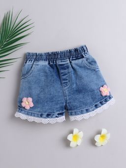Bright Star Kids Wear - Girls Blue Denim Floral Elastic Shorts