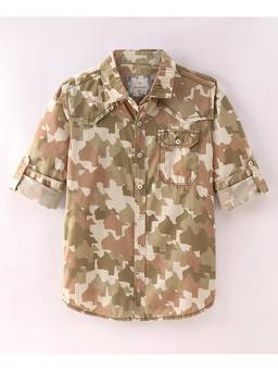 Infinity - Boys Khaki Cotton Half Sleeves All-Over Printed Shirt