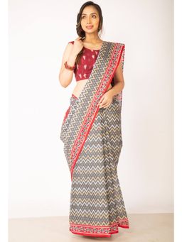 Unnati Silks - Grey Red Pure Krisha Block Printed Cotton Saree with Unstitched Blouse