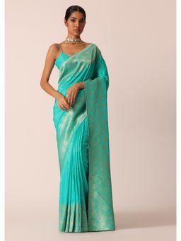 KALKI FASHION - Silk with Zari Work Turquoise Saree with Unstitched Blouse Piece