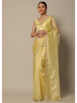 KALKI FASHION - Bead Work Yellow Tissue Silk Saree with Unstitched Blouse Piece