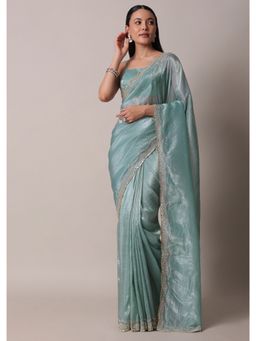 KALKI FASHION - Sea Blue Tissue Mirror Work Saree with Unstitched Blouse Piece