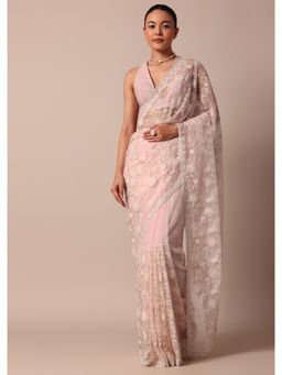 KALKI FASHION - Chikankari Floral Jaal Work Pink Organza Silk Saree with Unstitched Blouse Piece