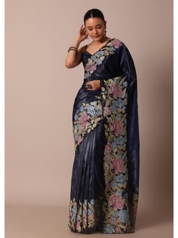 KALKI FASHION - Resham Thread Work Navy Blue Tissue Silk Saree with Unstitched Blouse Piece