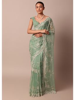 KALKI FASHION - Organza Silk Sequin Scallop Border Green Chikankari Saree with Unstitched Blouse Piece