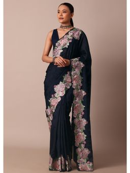 KALKI FASHION - Adorned with Resham Thread Work Navy Blue Saree with Unstitched Blouse Piece