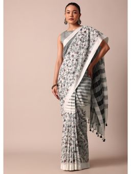 KALKI FASHION - White Cotton Linen Floral Thread Embroidered Saree with Unstitched Blouse Piece