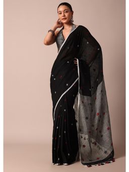 KALKI FASHION - Black Cotton Linen Polka Dot Motif Saree with Unstitched Blouse Piece