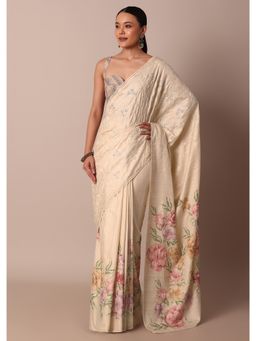 KALKI FASHION - Floral Cutwork Printed Pallu Pristine Beige Silk Saree with Unstitched Blouse Piece