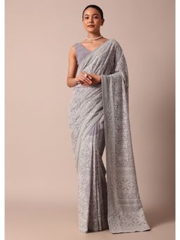 KALKI FASHION - Purple Georgette Lucknowi Chikankari Sequin Saree with Unstitched Blouse Piece