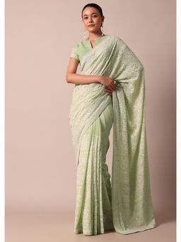 KALKI FASHION - Chikankari Work Green Lucknowi Sequin Saree and Unstitched Blouse Piece