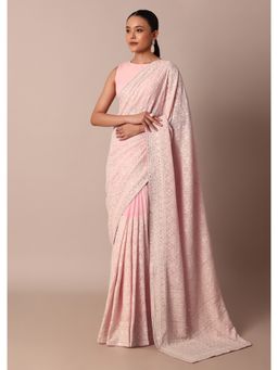 KALKI FASHION - Sequin Embellishment Pink Lucknowi Chikankari Saree with Unstitched Blouse Piece