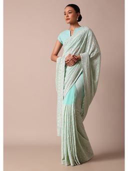 KALKI FASHION - Sequin Work Blue Lucknowi Chikankari Saree with Unstitched Blouse Piece