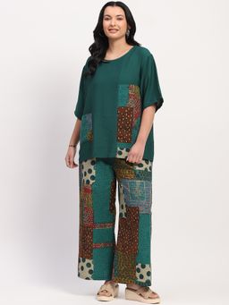 Global Republic - Women Teal Rayon Blend Printed Round Neck Co-Ord Set