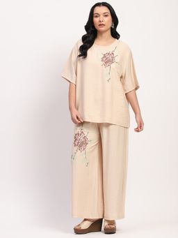 Global Republic - Women Cream Rayon Blend Embroidered Round Neck Co-Ord Set