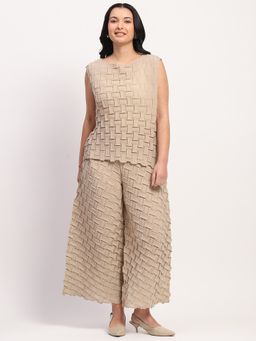Global Republic - Women Beige Polyester Self Design Boat Neck Co-Ord Set