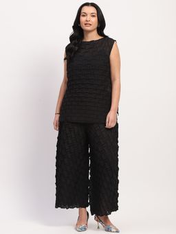 Global Republic - Women Black Polyester Self Design Boat Neck Co-Ord Set