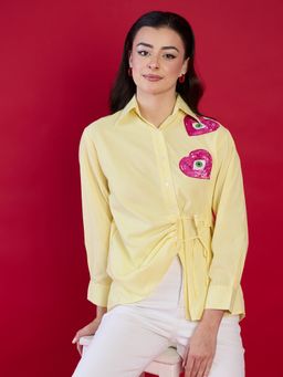 Uptownie - Pure Cotton Tie-Up Sequinned Yellow Shirt