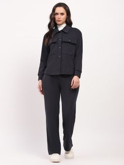 Global Republic - Women Navy Blue Poly Elastane Self Design Collar Neck Co-Ord Set