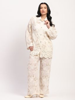 Global Republic - Women Cream Cotton Embroidered Collar Neck Co-Ord Set
