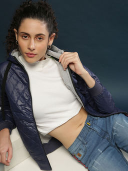 Campus Sutra - Blue Women Solid Stylish Casual Puffer Jacket