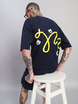 Griffel - Navy Blue Printed Oversized T-shirt and Shorts