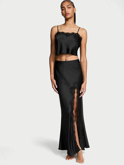 Victoria's Secret - Black Dream Angels Satin Lace-Trim Cropped Top and Skirt (S)