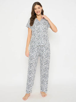 Clovia - Cotton Printed Button Down Shirt and Pyjama