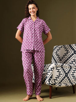 Clovia - Purple Rayon Floral Print Button Down Shirt and Pyjama