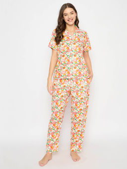 Clovia - Rayon Floral Print Button Down Shirt and Pyjama