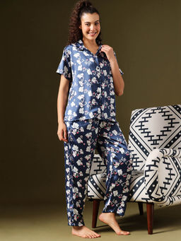 Clovia - Navy Blue Satin Floral Print Button-Down Shirt and Pyjama