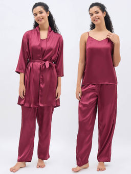 Clovia - Magenta 3 Pc Nightwear Satin Solid Robe with Camisole & Pyjama