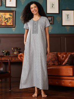 Clovia - Grey Cotton Printed Long Nighty