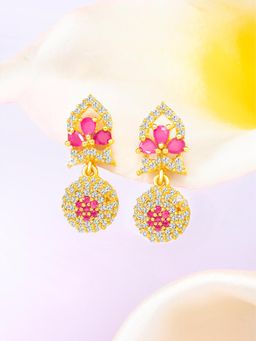 Peora - Gold Plated Rani Pink Cubic Zirconia Studded Drop Earrings