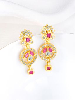 Peora - Gold Plated Rani Pink Cubic Zirconia Studded Dangler Earrings