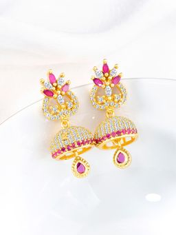 Peora - Gold Plated Rani Pink Cubic Zirconia Studded Jhumka Earrings
