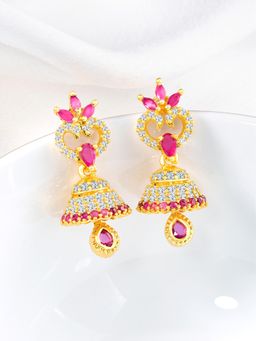 Peora - Gold Plated Cubic Zirconia Rani Pink Synthetic Stone Jhumka Earrings