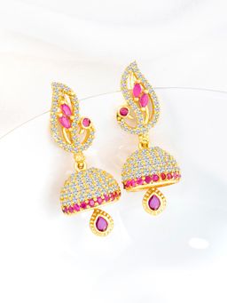 Peora - Gold Plated Rani Pink Cubic Zirconia Studded Jhumka Earrings