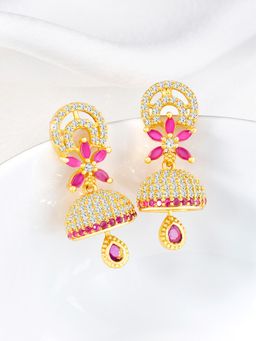 Peora - Gold Plated Rani Pink Cubic Zirconia Studded Floral Jhumka Earrings