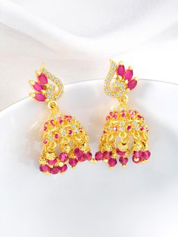 Peora - Gold Plated Rani Pink Cubic Zirconia Studded Jhumka Earrings