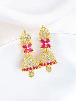 Peora - Gold Plated Cubic Zirconia and Rani Pink Stone Jhumka Earrings