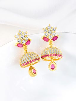 Peora - Gold Plated Rani Pink Cubic Zirconia Studded Jhumka Earrings