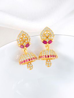 Peora - Gold Plated Cubic Zirconia Rani Pink Synthetic Stone Studded Jhumka Earrings