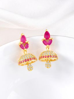 Peora - Gold Plated Cubic Zirconia and Rani Pink Stone Jhumka Earrings
