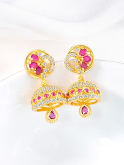 Peora - Gold Plated Cubic Zirconia Rani Pink Synthetic Stone Studded Jhumka Earrings