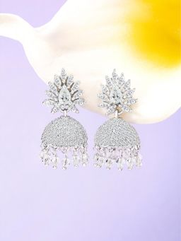Peora - Silver Plated Cubic Zirconia and Beads Studded Jhumka Earrings